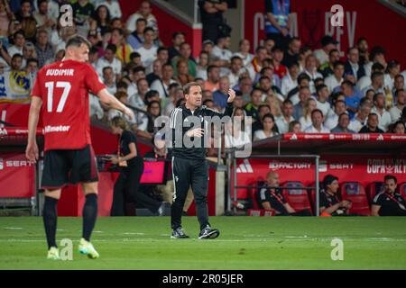Sevilla, Spanien. 06. Mai 2023. Jagoba Arrasate Trainer von CA Osasuna während des Finales der Copa del Rey zwischen Real Madrid CF und CA Osasuna im Olympiastadion La Cartuja. (Endergebnisse; Real Madrid CF 2:1 CA Osasuna). Kredit: SOPA Images Limited/Alamy Live News Stockfoto