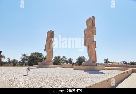 Die atemberaubenden Memnonkolosse am Westufer von Luxor, Ägypten Stockfoto