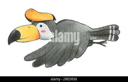 Hornbill-Vogel. Aquarelle Farbgestaltung. Niedlicher Tierkarikaturencharakter. Vector . Stock Vektor