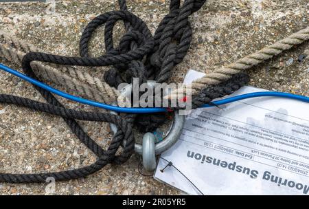 Nach London. GROSSBRITANNIEN - 05.04.2023. Seile, die an einer Anlegestelle am Regent's Canal festgebunden sind, mit einem Hinweis auf eine Festmachsperre. Stockfoto