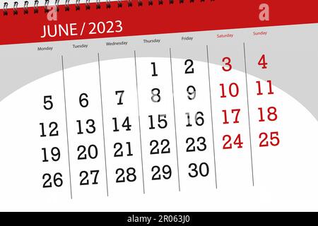 Kalender 2023, Frist, Tag, Monat, Seite, Organisator, Datum, Juni. Stockfoto