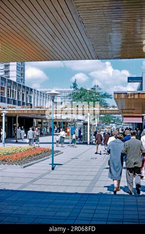 Shopper out in the Sunshine at the (de) Lijnbaan, Rotterdam, Niederlande c. 1960. Das Lijnbaan ist das Haupteinkaufsviertel von Rotterdam. Sie wurde 1953 als Hauptfußgängerzone im neuen Einkaufsviertel eröffnet, nachdem die Altstadt während des Zweiten Weltkriegs durch deutsche Bombenangriffe vollständig zerstört wurde. Es wurde von den Architekten Jo van den Broek und Jacob B (Jaap) Bakema entworfen. Es war die erste zweckmäßig gebaute Fußgängerzone in Europa. Die autofreie Fläche erwies sich als erfolgreich und hat zahlreiche ähnliche Projekte auf der ganzen Welt beeinflusst – ein Vintage-Foto von 1950s/1960s. Stockfoto