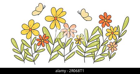 Horizontales Banner mit blühenden Sommerblumen und Schmetterlingen. Feld- oder Wiesenblumen. Hallo, Summer. Farbenfrohe Vektordarstellung von Hand gezeichnetes Isolieren Stock Vektor