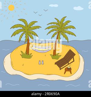 Kleine Insel im Meer. Zwei Palmen und Hängematte, Liegestuhl und kleiner Tisch mit Kokosnuss. Die Sonne scheint und die Vögel fliegen. Heiße Sommersaison. Stock Vektor