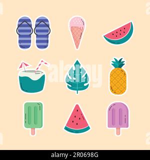 Set aus Sommerelementen Flachsymbolen Vektorabbildung, Wassermelone, Kokosnussgetränke, Monstera Leaf, Eiscreme, Hausschuhe, Ananas Stock Vektor
