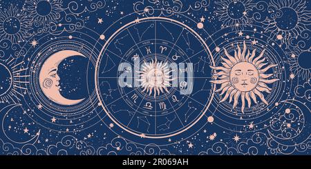 Modernes Astrologie-Banner, klassisches Horoskop-Zodiac-Rad mit 12 Zeichen und Sternbildern, Sonne und Mond mit Gesicht, Wolken und Sternen, havent mystisch Stock Vektor