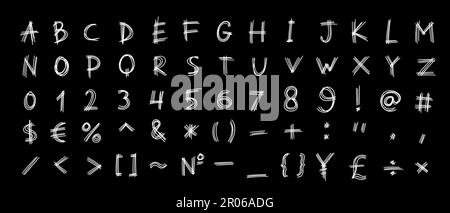 Unregelmäßige Formen weiße englische lateinische abc-Schriftart mit Ziffern und Symbolen handgeschrieben Von A bis Z, 0 bis 9 eingestellt. Vektordarstellung im ISO-Stil Stock Vektor