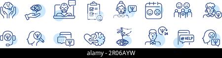 Psychologie und Psychiatrie. Psychische Hilfe. Pixelgenaue, bearbeitbare Liniensymbole Stock Vektor