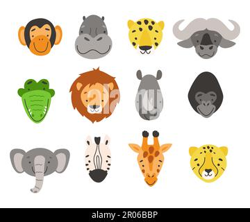 Afrikanische Tierköpfe. Vektor-Cartoon-Set. Clip-Art mit Safari-Tieren. Stock Vektor