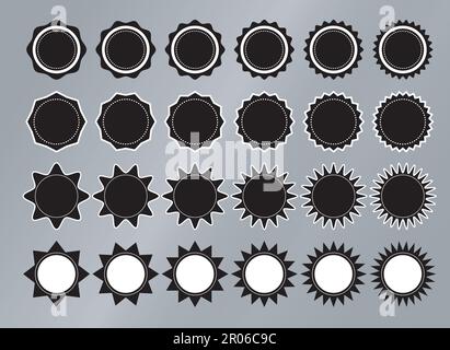 Set mit Sternformen in Schwarz mit weißen Rändern und Rändern. Verkaufs- oder Rabattaufkleber, Symbole, Abzeichen, Logos. Sterne mit unterschiedlicher Strahlenzahl, Stock Vektor