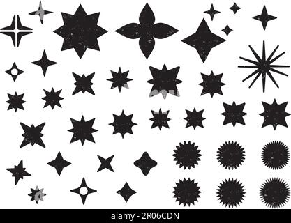 Set mit verschiedenen Formen; schwarze Sterne mit Grunge-Struktur. Verkaufs- oder Rabattaufkleber, Symbole, Abzeichen. Sternformen mit unterschiedlicher Strahlenzahl. Transponder Stock Vektor