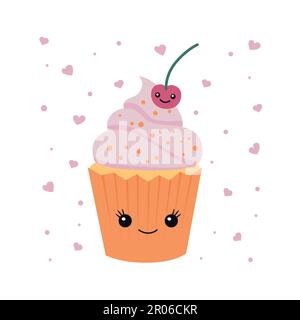 Cupcake-Illustration. Süßer Cupcake mit einer Kirsche. Cupcake Kawaii. Stock Vektor