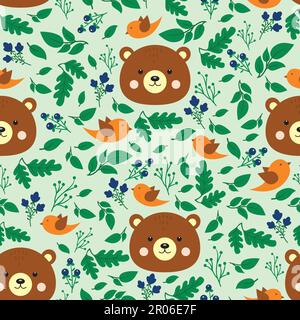 Nahtloses Vektormuster mit Bär, Vogel und Blättern. Stock Vektor