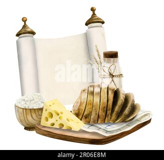 Aquarell Jüdische Shavuot Grußkarte Vorlage mit traditionellen Symbolen und Essen, leere Torah Schriftrolle, Milchprodukte, Käse, Brot, Milch. Weizen. Ha Stockfoto