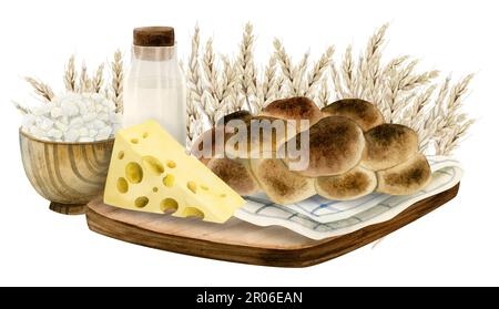 Aquarelle ländliche Farm rustikale Zusammensetzung für jüdische Shavuot mit Holzschüssel mit Hüttenkäse, Weizenfeldernte, Milchprodukten, Käse, Challah Stockfoto