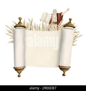 Aquarell Shavuot Grußkartenvorlage mit jüdischen Feiertagen, traditionellen Symbolen aus Weizen und Moses mit Tablets Stockfoto