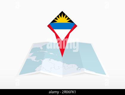 Antigua und Barbuda sind auf einer gefalteten Papierkarte und einer fixierten Positionsmarkierung mit der Flagge von Antigua und Barbuda abgebildet. Gefaltete Vektorkarte. Stock Vektor