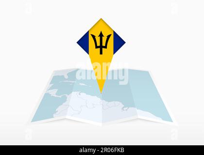 Barbados ist auf einer gefalteten Papierkarte und einer fixierten Positionsmarkierung mit der Flagge von Barbados abgebildet. Gefaltete Vektorkarte. Stock Vektor