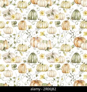 Wasserfarbener, handgezeichneter Kürbis mit nahtlosem Muster. Herbstblumen wiederholen Papier. Wunderschöner Textildruck Stockfoto