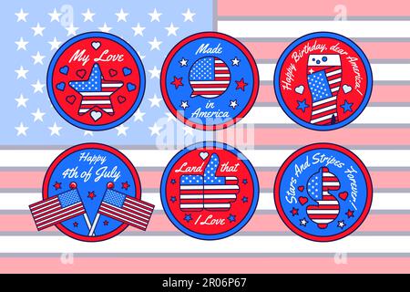 Runde Aufkleber mit Stern, wie Handzeichen, Dollarzeichen, Bierglas, Souvenirflaggen, Bubble Chat in den Farben der amerikanischen Flagge. Vereinigte Staaten Stock Vektor