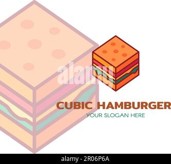 Logo eines würfelförmigen Hamburgers mit frischem getoastetem Brot, saftigem Rinderpastete, Käsescheibe und Salat. Symbolzeichen für Designdekoration, br Stock Vektor