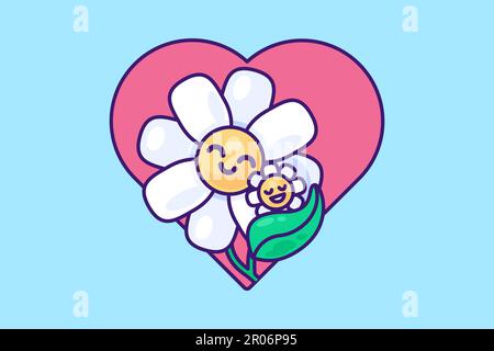 Fröhliche Blumenkamille mama umarmt das Baby sanft auf dem Rücken des rosa Herzens. Symbol-Emblem zur Dekoration des festlichen Banners zum Muttertag, Kindergartens oder Stock Vektor