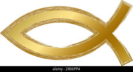 Traditionelles religiöses mystisches Ichthys-Talisman-Amulett. Spirituelles Symbol im goldenen Gradientengrunge-Stil. Geheimes heiliges Vektorzeichen, isoliert auf weiß Stock Vektor