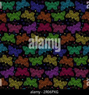 Neon-Steampunk-Schmetterlingsmuster mit leuchtenden tropischen Motten, verziert mit zauberhaften mystischen Ornaten auf Flügeln. Verzierung zum Bedrucken von Textilien Stock Vektor