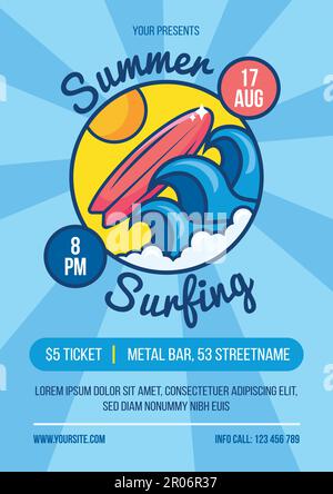 Senkrechte Sommer-Party-Surfer A4-Banner mit Sonne, Strandwellen, Surfbrett und Werbeinschrift. Druckvorlage, Ankündigungsposter f Stock Vektor