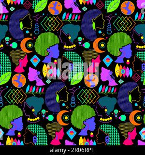 International Women Day Neon Nahtloses Muster mit Silhouetten von weiblichen Gesichtern verschiedener Nationalitäten. Verzierung zum Bedrucken von Stoff, Einband und Stock Vektor