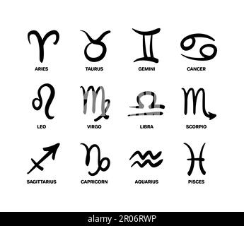 Symbolset mit 12 Zodiac-Schildern mit Text, eleganter Pinselstrich, Sammlung mystischer Illustrationen, Banner mit Horoskop-Symbolen, Natal ch Stock Vektor