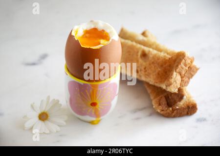 Weich gekochte Eier mit Toast, Frühstücksidee Stockfoto