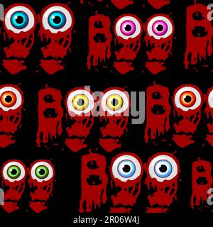 Nahtloses Muster mit Bloody Inscription Boo für Halloween. Blutige Augen. Halloween-Schriftzug, Plakat-Design-Vorlage Stock Vektor