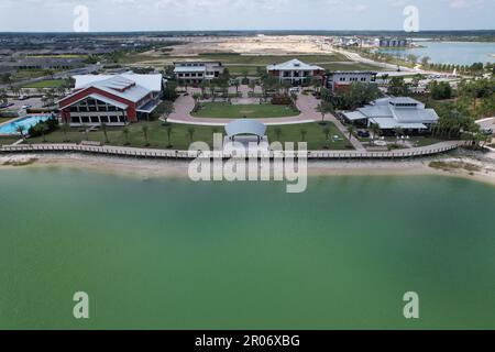 Downtown Babcock Ranch Aerial Water View. Stockfoto