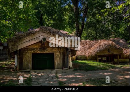 Halb begrabene oder unterirdische Häuser im Dimitrie Gusti National Village Museum in Bukarest, Rumänien Stockfoto