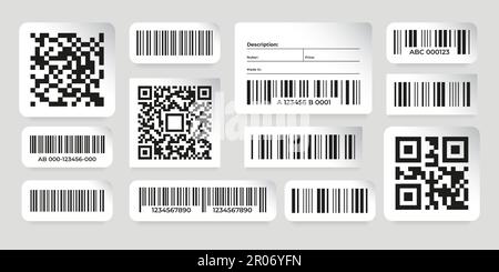 Barcode-Aufkleber. Scannen Sie Datenetiketten mit QR-Codes auf Papier, Rabattcodes für Supermärkte und Produktnummern. Etikettenset Vector Shop. Etikettierung für den Verkauf im Geschäft mit Beschreibung und Preis Stock Vektor