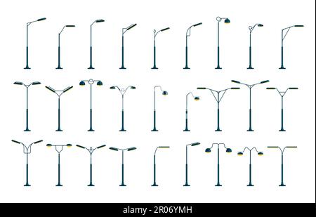 Stadtlichtstab. Moderne Straßenlaterne, flache Cartoon-Lampen, architektonisches Zubehör für den Außenbereich. Vektor Straßenbeleuchtung isoliertes Set. Elektrischer Weitstrahler, Außenelemente auf dem Bürgersteig Stock Vektor