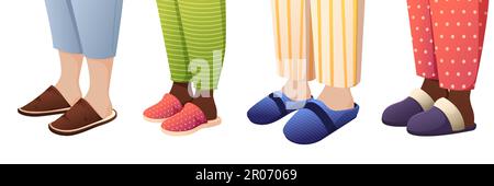 Beine in Pantoffeln. Cartoonfüße in verschiedenen Hausschuhen, Heimschuhe Mode Accessoires für Kinder, Heimtextilien Schuhe Design. Vektorsatz. Verschiedene bequeme Schuhe für das Haus Stock Vektor