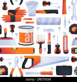 Muster der Reparaturwerkzeuge. Nahtloser Druck von Zimmermannswerkzeugen. Handsäge, Meißel und Schraubendreher mit Schraubenschlüssel und Kelle. Vektorhintergrund. Renovierungsgeräte wie Pinsel, Hammer und Wasserpass Stock Vektor