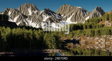 Bergpanorama mit hohen, schneebedeckten Bergen, Wald und einem Fluss - 3D Illustration Stockfoto