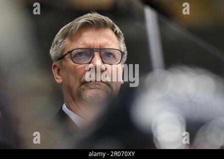 Brünn, Tschechische Republik. 07. Mai 2023. Trainer von Finnland Jukka Jalonen in Aktion beim Euro Hockey Challenge Match Finnland gegen Schweden in Brünn, Tschechische Republik, 7. Mai 2023. Kredit: Vaclav Salek/CTK Photo/Alamy Live News Stockfoto