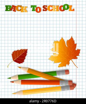 Farbige Bleistifte mit Radierer, Schulzubehör, Schreibwaren, kariertes Notizbuch. Das Konzept der Schule, zurück zur Schule, das erste Mal in die Schule Stock Vektor