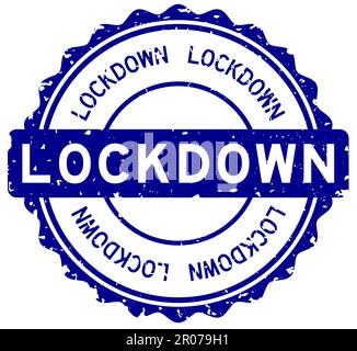 Grunge Blue Lockdown Word rund Gummidichtung Stempel auf weißem Hintergrund Stock Vektor