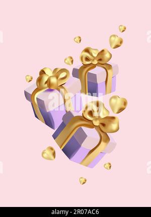 Eine Sammlung von 3D Geschenkschachteln, geschlossen, mit goldenen Bändern und Schleifen und Herzen dekoriert. Diese schwebenden, modernen Geschenke erwecken ein Gefühl festlicher Überraschung. Weihnachtsdekoration Geschenke.Vektor. Stock Vektor