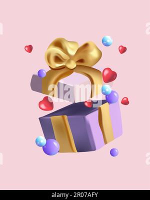 Öffnen Sie 3D Geschenkschachteln mit goldenen Bändern, Schleifen und Herzen. Diese schwebenden, zeitgenössischen Geschenke erwecken ein Gefühl festlicher Überraschung. Weihnachtsdekoration Geschenke. Vektor. Stock Vektor