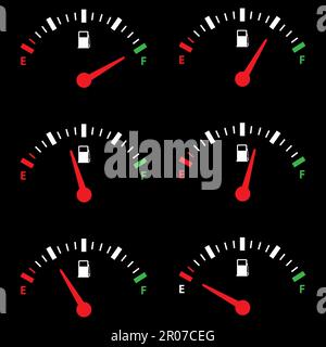 Satz Tankwaagen. Kraftstoffanzeige. Kraftstoffanzeige. Tankanzeige. Balkenanzeige Ölstand im Tank. Sammlung Kraftstoffanzeige Tachometer auf weißem Hintergrund Stock Vektor