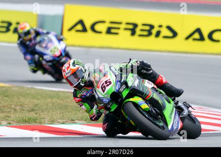 7. Mai 2023: Circuit de Barcelona, Catalunya, Barcelona, Spanien: FIM Superbike-Weltmeisterschaft Barcelona 2023: Rennen 2, Jonathan Rea, Kawasaki Racing Team WorldSBK Fahrer Kawasaki ZX-10RR Stockfoto