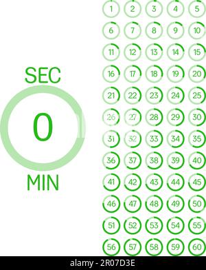 Zeitnehmer, Timer, Uhr, Stoppuhr isolierte Symbole, die mit unterschiedlichen Zeiten eingestellt sind. Symbolsatz für Countdown-Timer. Sportuhr mit grüner Zeitanzeige Stock Vektor