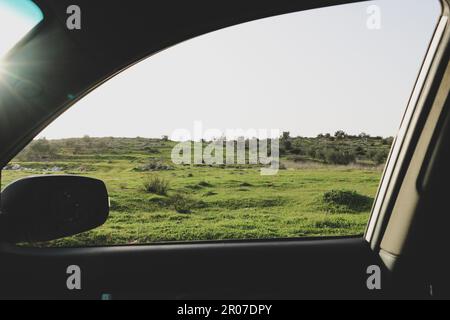 Ein Blick auf ein grasbewachsenes Feld von einem Auto aus Stockfoto