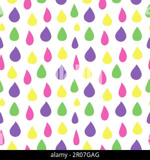 Abstrakte, lebendige Regentropfen, dekoratives, einfaches, nahtloses Muster. Moderne, farbenfrohe Kulisse, herabfallende Regentropfen. Druckvorlage für helle neoterische Vektoren Stock Vektor
